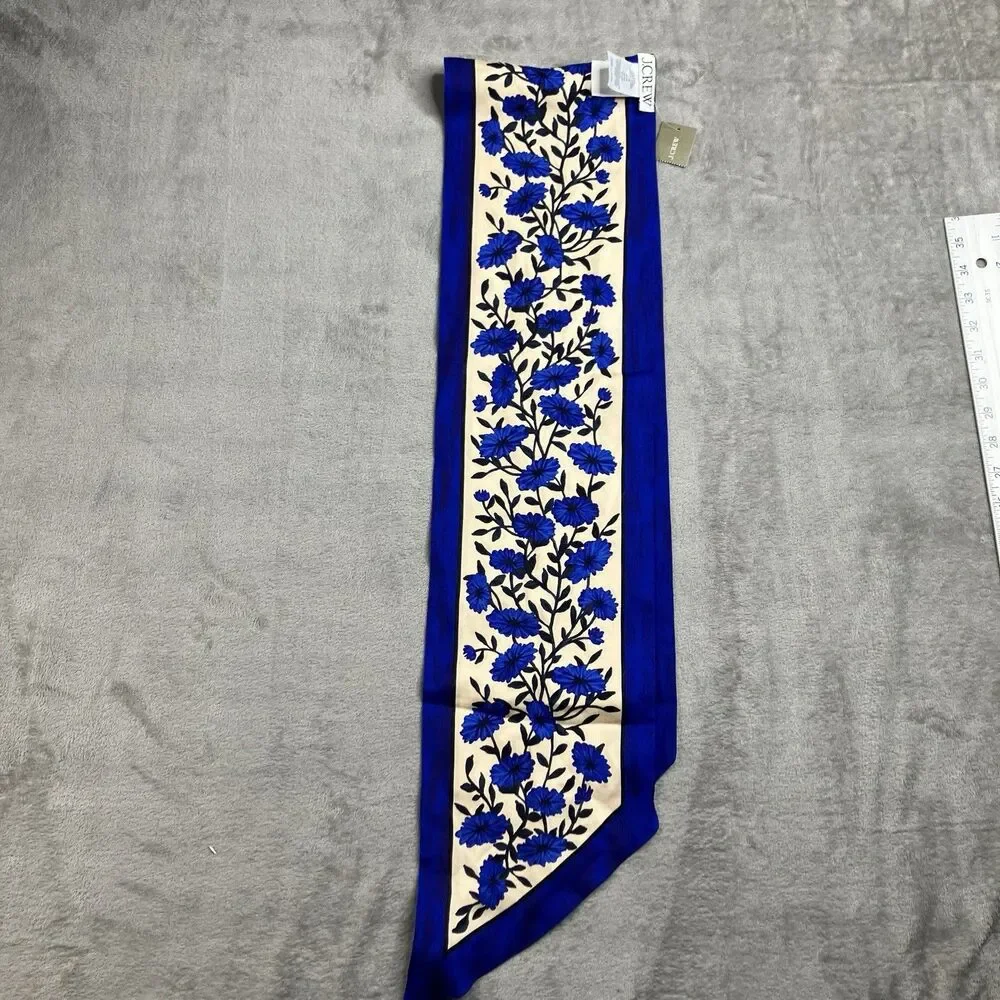 J Crew Scarf Womens Blue Cream Floral 100% Silk Skinny Twilly Printed BS227